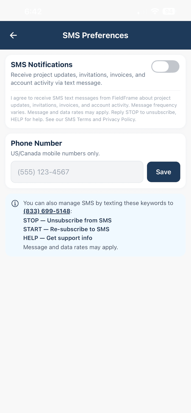 FieldFrame mobile app Settings SMS Preferences screen showing the SMS notifications toggle in the off position and the toll-free sending number.