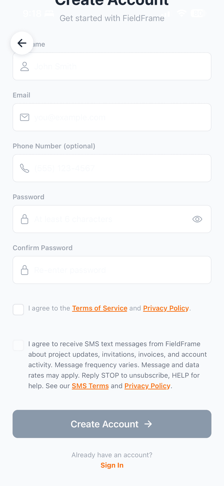 FieldFrame mobile app signup screen showing the phone number field and an unchecked SMS consent checkbox with the canonical consent disclosure visible.