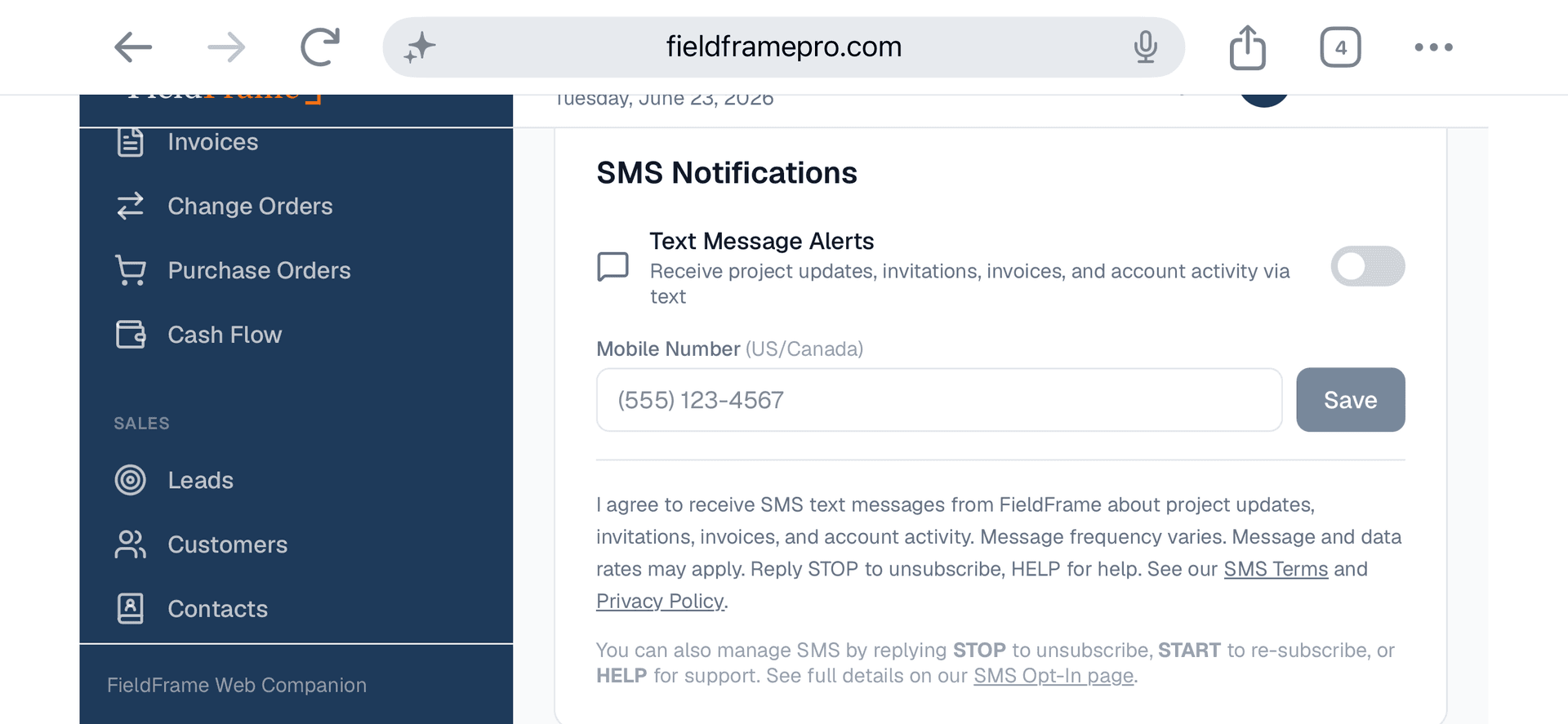 FieldFrame website Account page SMS Preferences section showing the SMS notifications toggle in the off position and a phone number field.